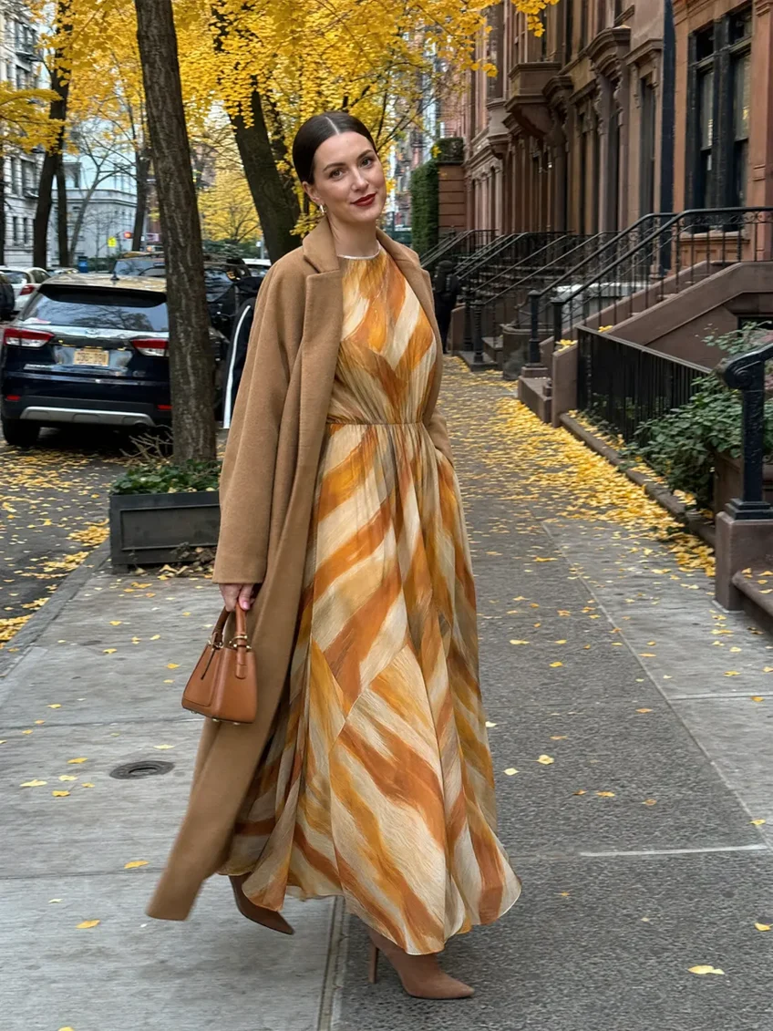 Vestido Midi Estampado Abstracto de Manga Larga con Cintura Elástica