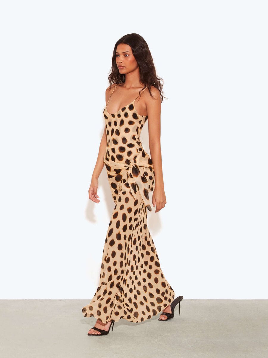 Vestido maxi con estampado de lunares de animales