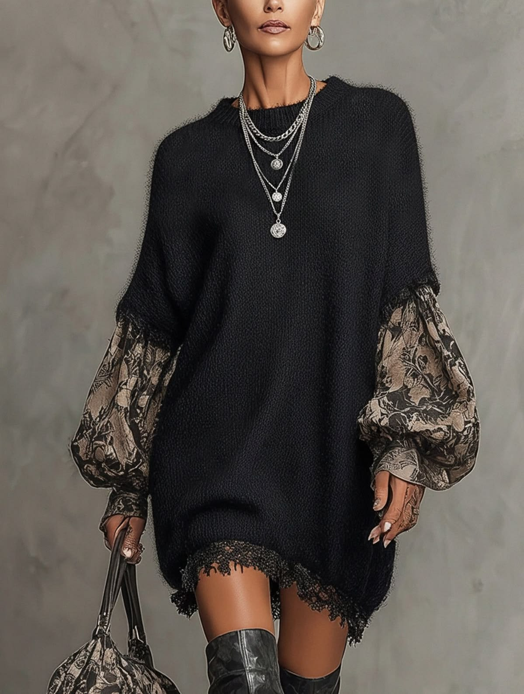Vestido mini negro estampado con manga larga y detalle de encaje