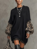 Vestido mini negro estampado con manga larga y detalle de encaje