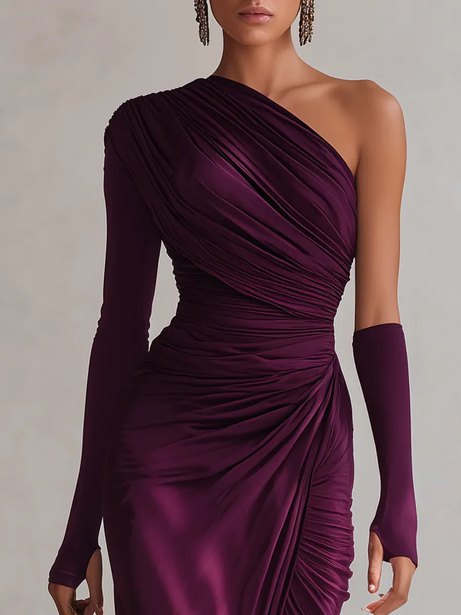 Vestido maxi morado de un solo hombro, elegante y retro