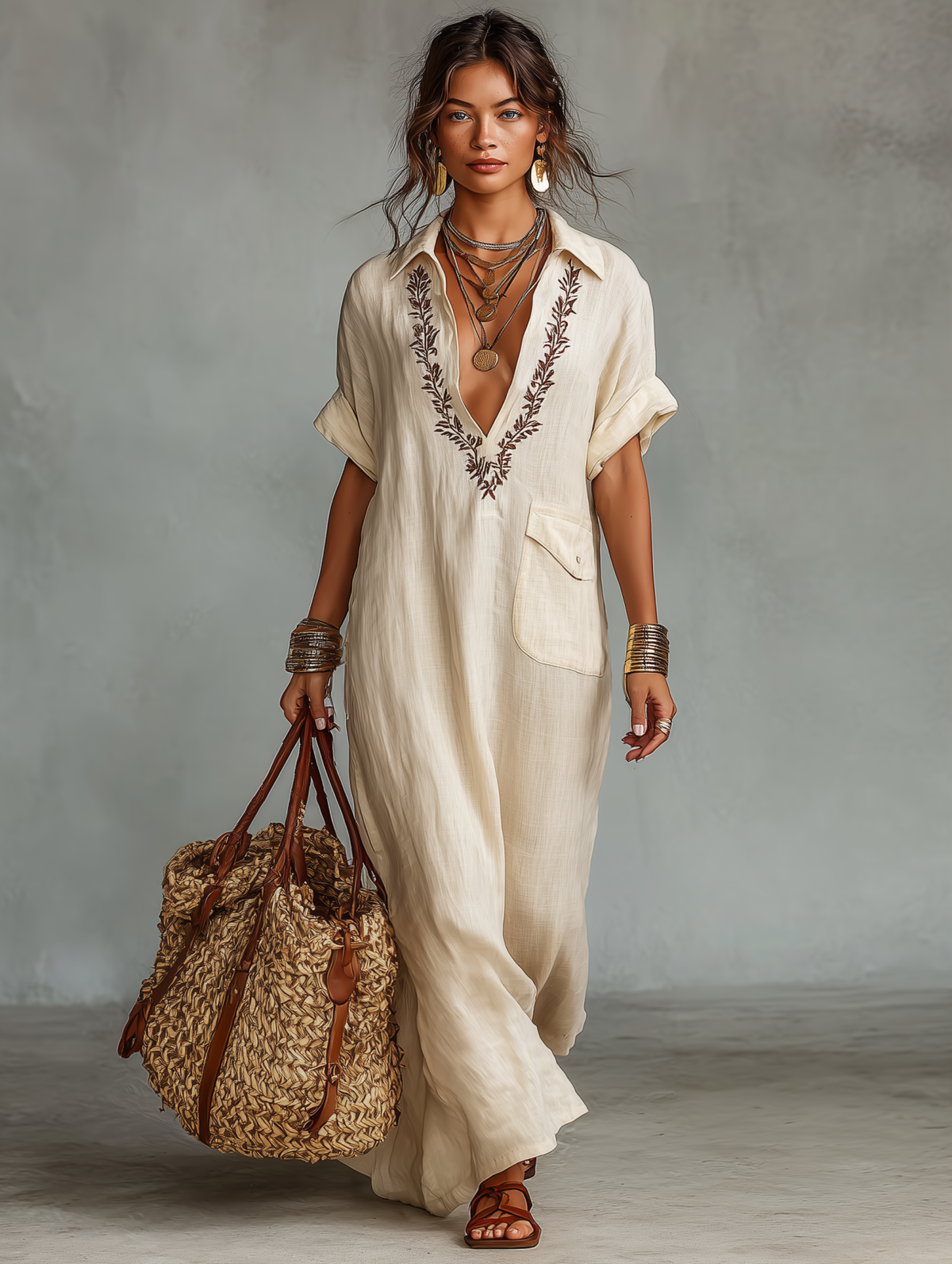 Vestido maxi de lino con escote en V bordado y detalles de bolsillos