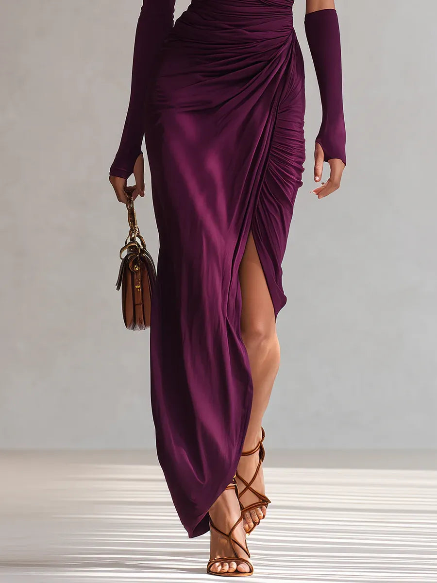Vestido maxi morado de un solo hombro, elegante y retro