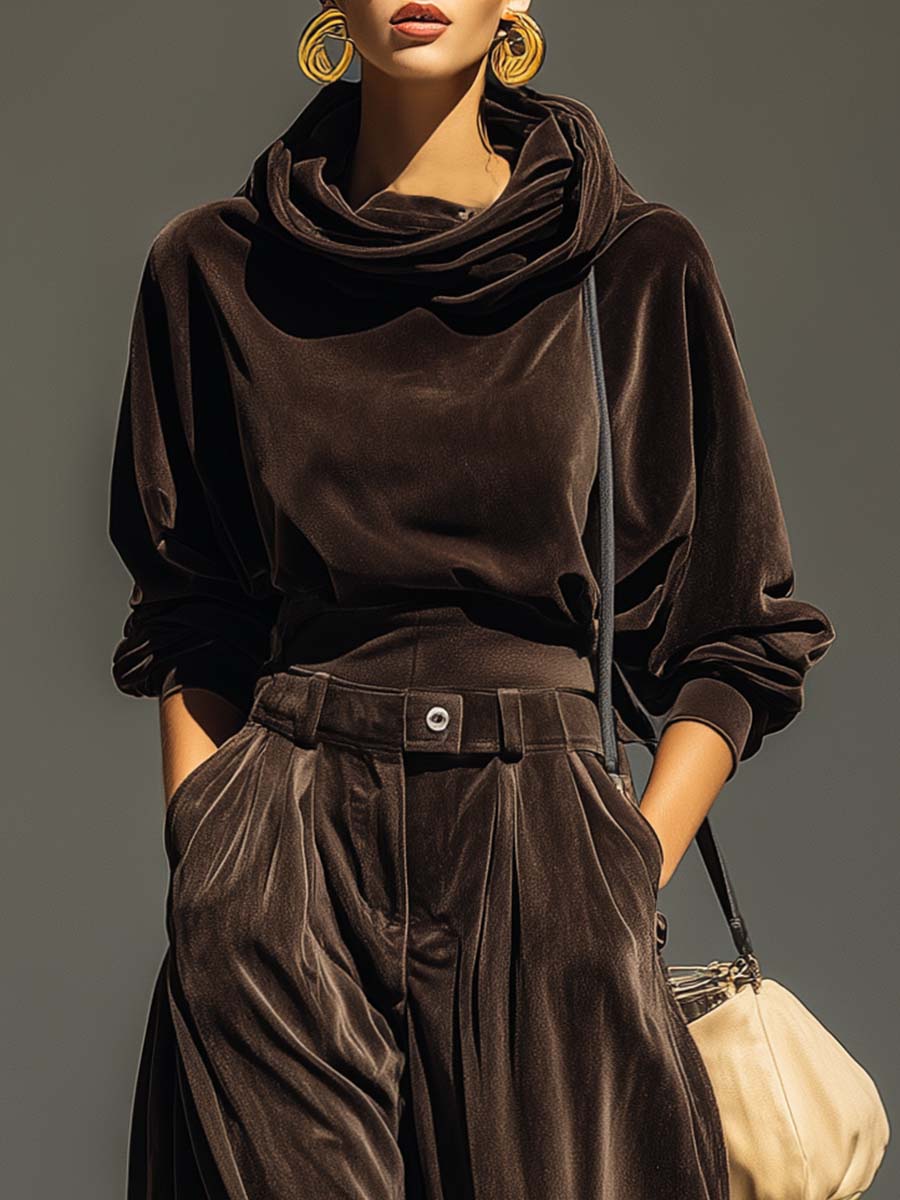 Conjunto de sudadera y pantalón de terciopelo marrón vintage (incluye cinturón)