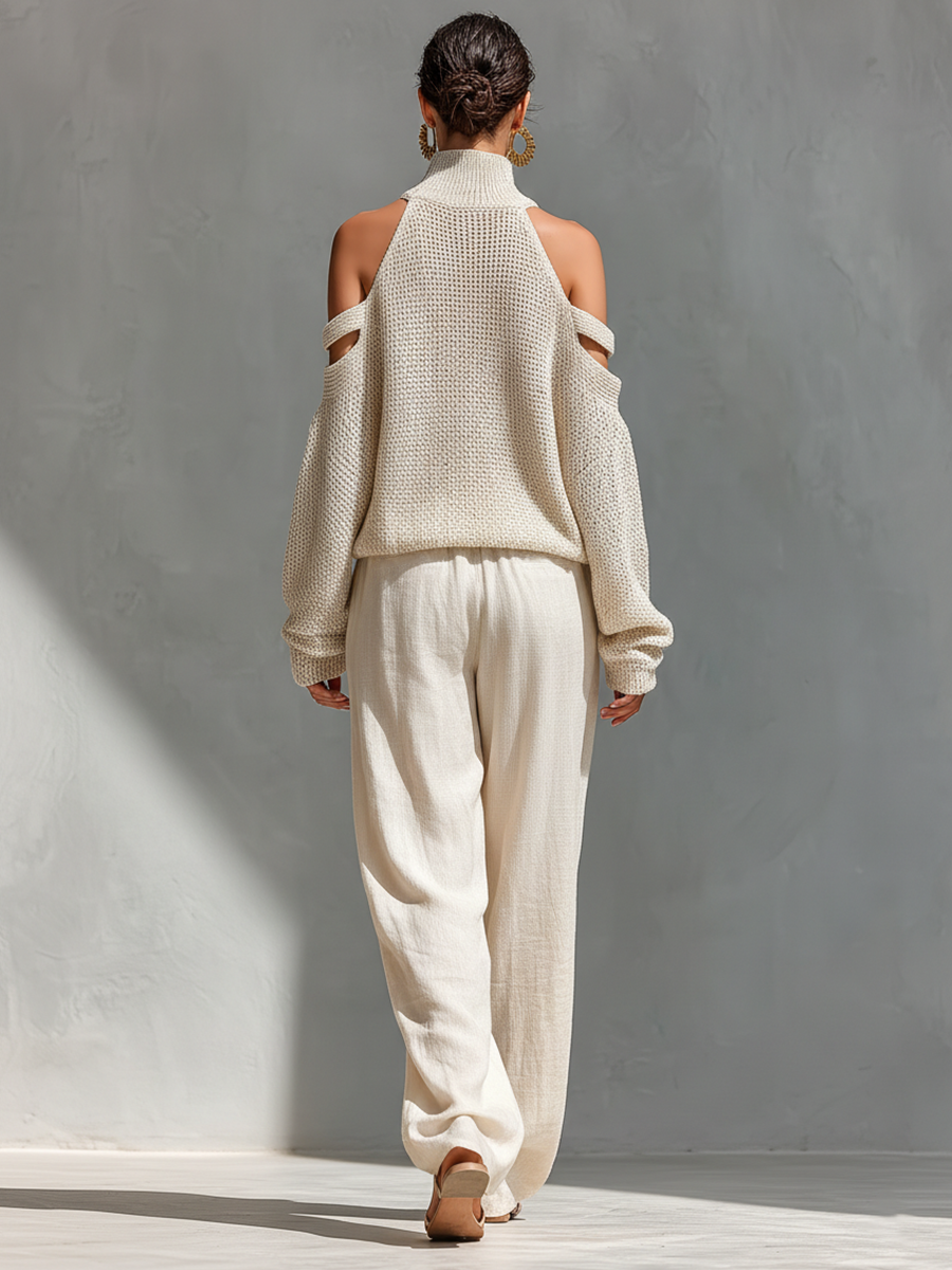 Elyzia - Conjunto compuesto por un top de punto y unos pantalones de pierna ancha