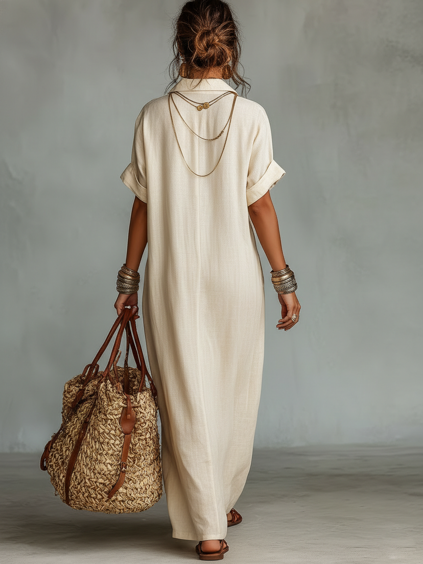 Vestido maxi de lino con escote en V bordado y detalles de bolsillos