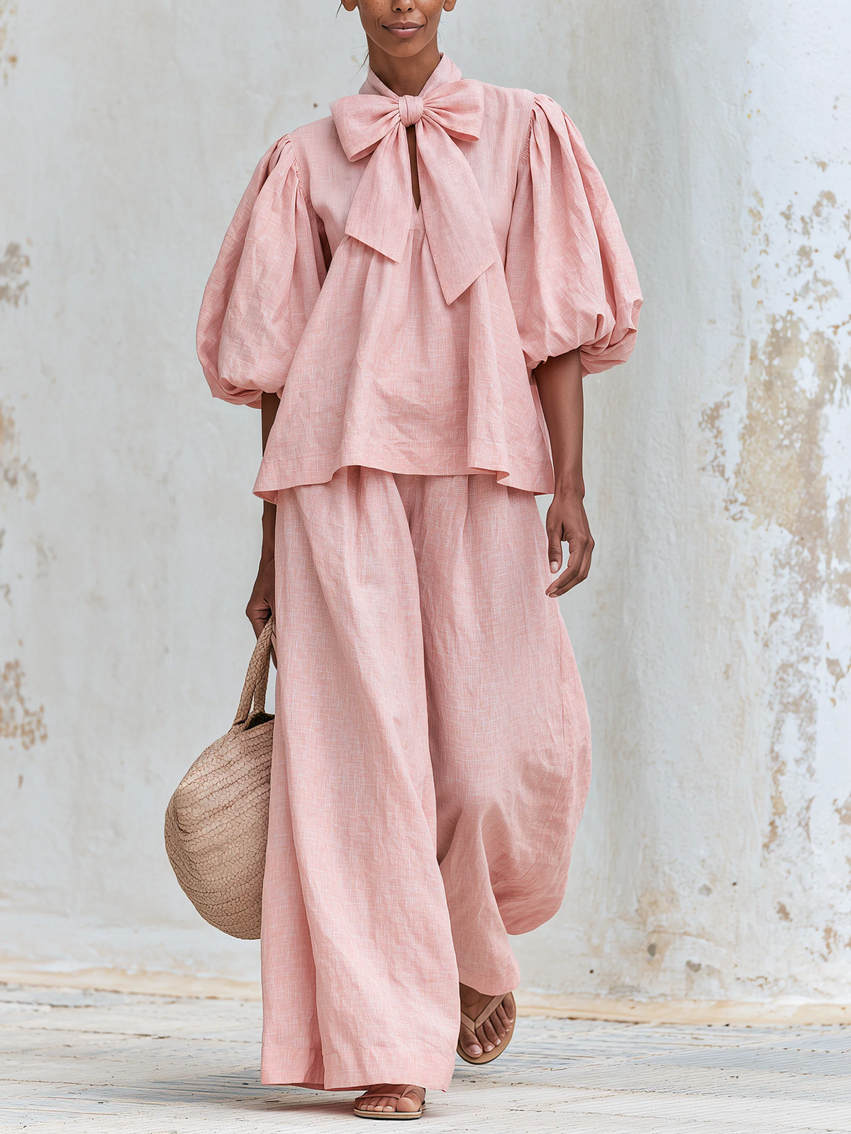 Conjunto en rosa palo con top de lazo y mangas abullonadas y pantalón ancho