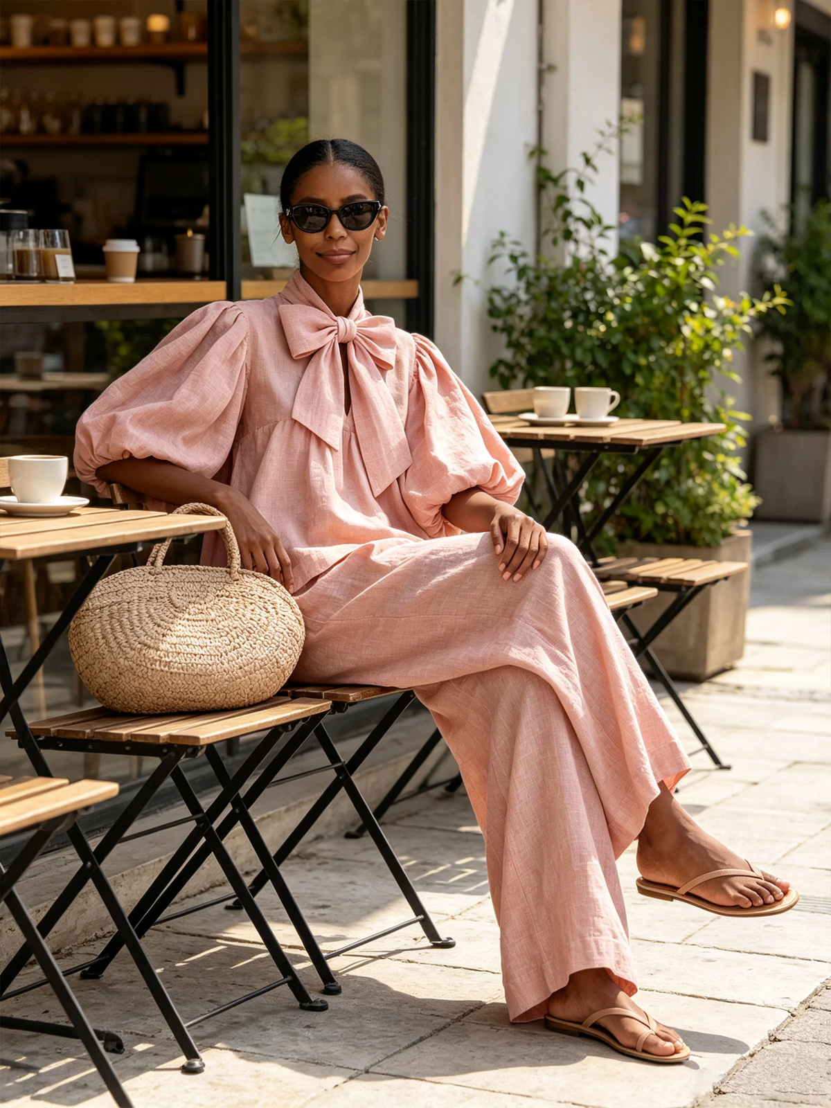 Conjunto en rosa palo con top de lazo y mangas abullonadas y pantalón ancho
