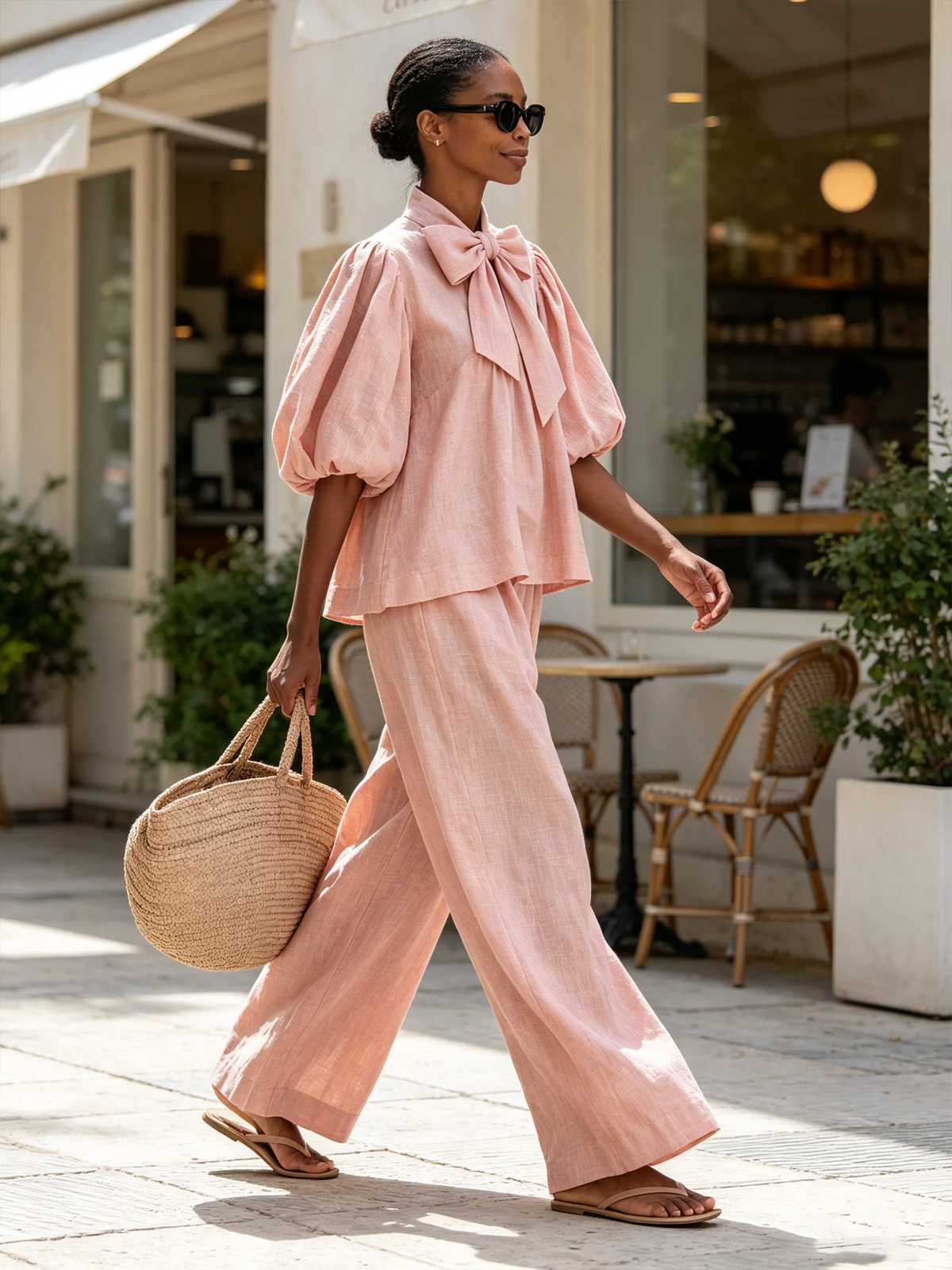 Conjunto en rosa palo con top de lazo y mangas abullonadas y pantalón ancho