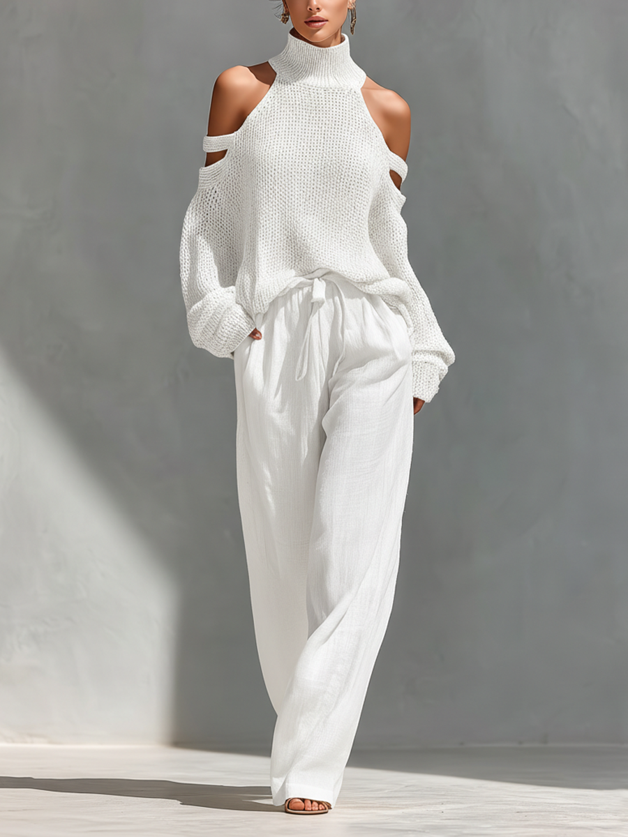 Elyzia - Conjunto compuesto por un top de punto y unos pantalones de pierna ancha
