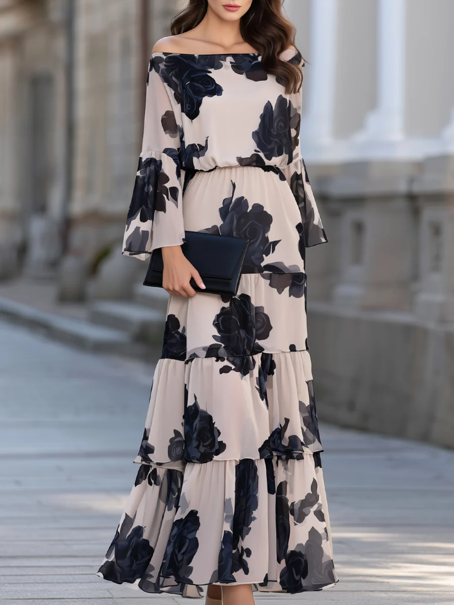 Vestido Maxi Beige de Hombros Descubiertos con Estampado Floral y Volantes