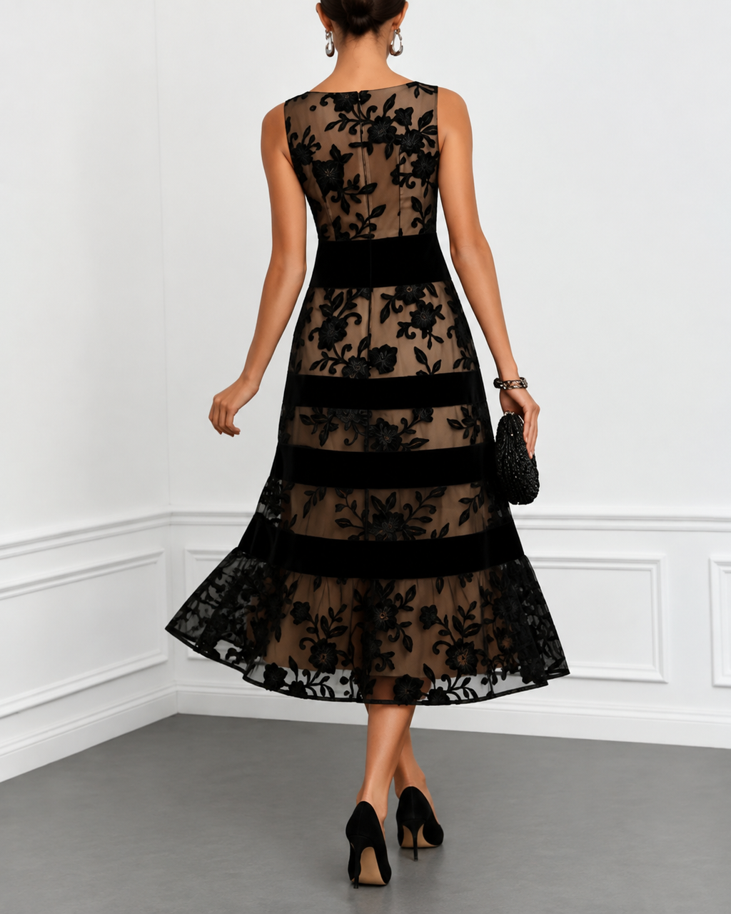 Carla | Elegante vestido midi de encaje que disimula el abdomen
