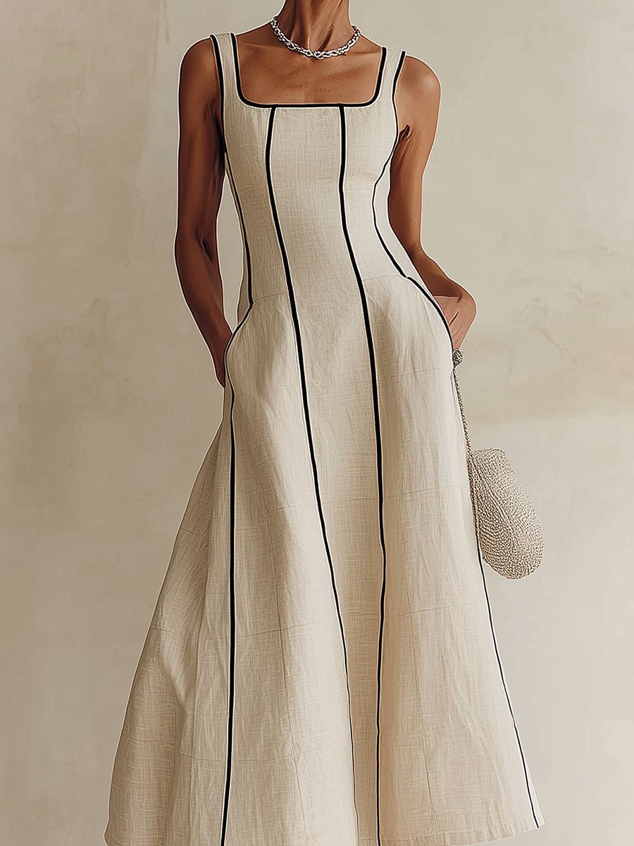 Vestido largo de corte en A con rayas negras de estilo minimalista