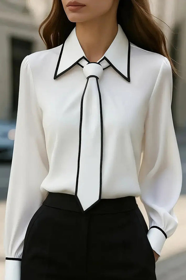 Camisa casual de manga larga con lazo en contraste