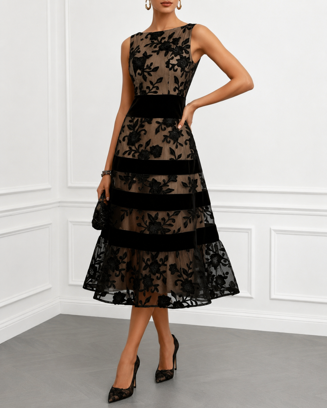 Carla | Elegante vestido midi de encaje que disimula el abdomen