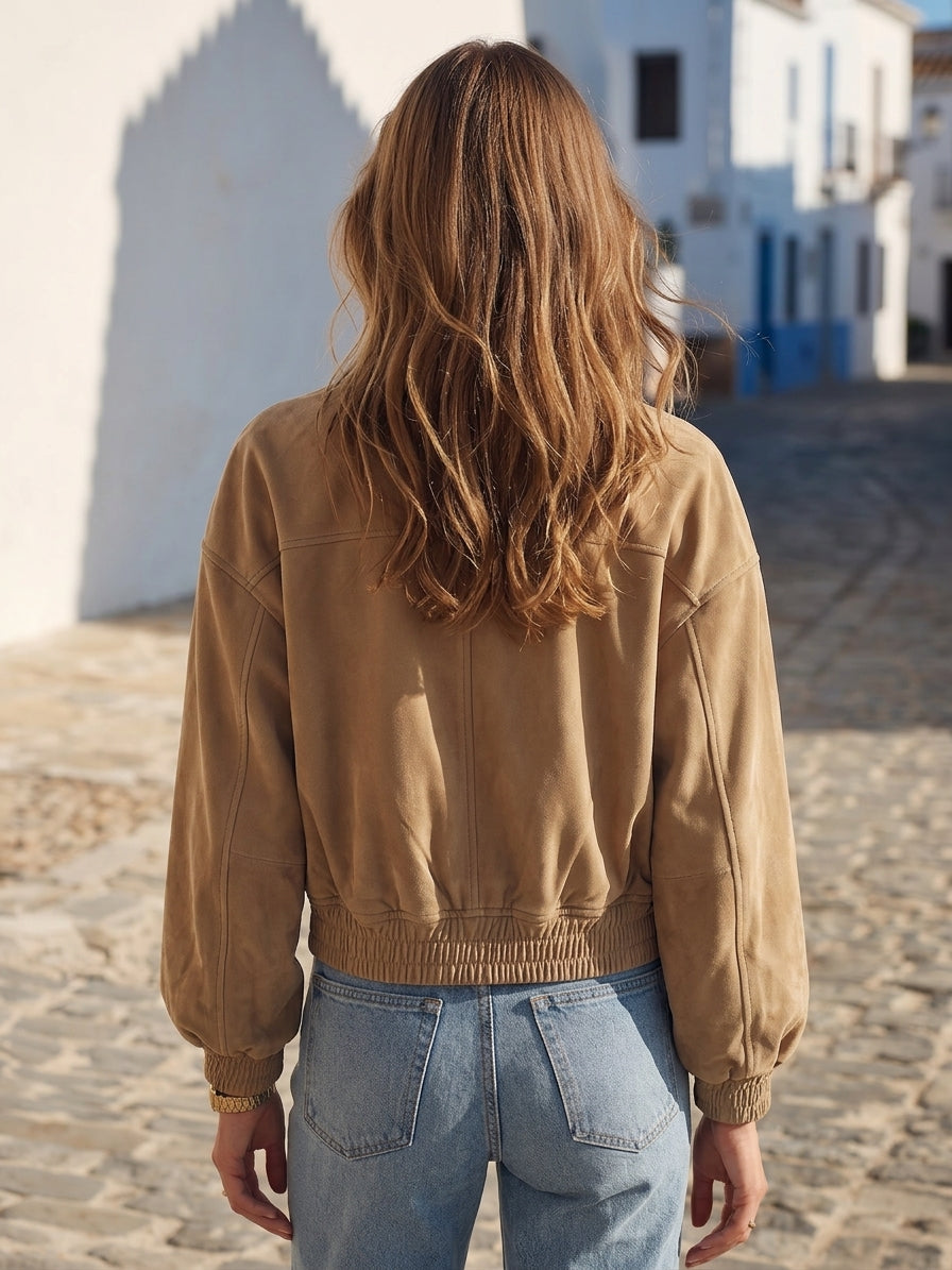 Chaqueta bomber de corte corto, estilo street retro, color caqui, con efecto ante