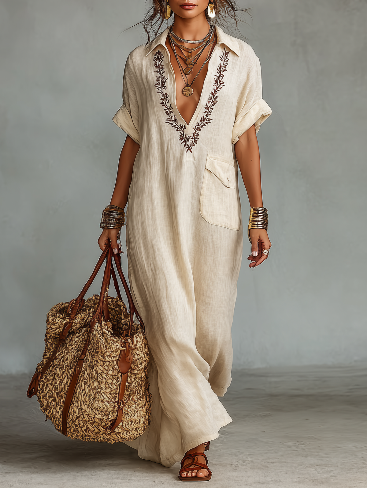 Vestido maxi de lino con escote en V bordado y detalles de bolsillos