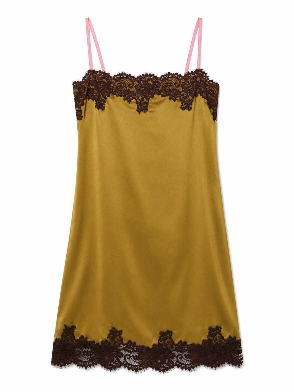 Vestido mini satinado con ribete de encaje y tirantes