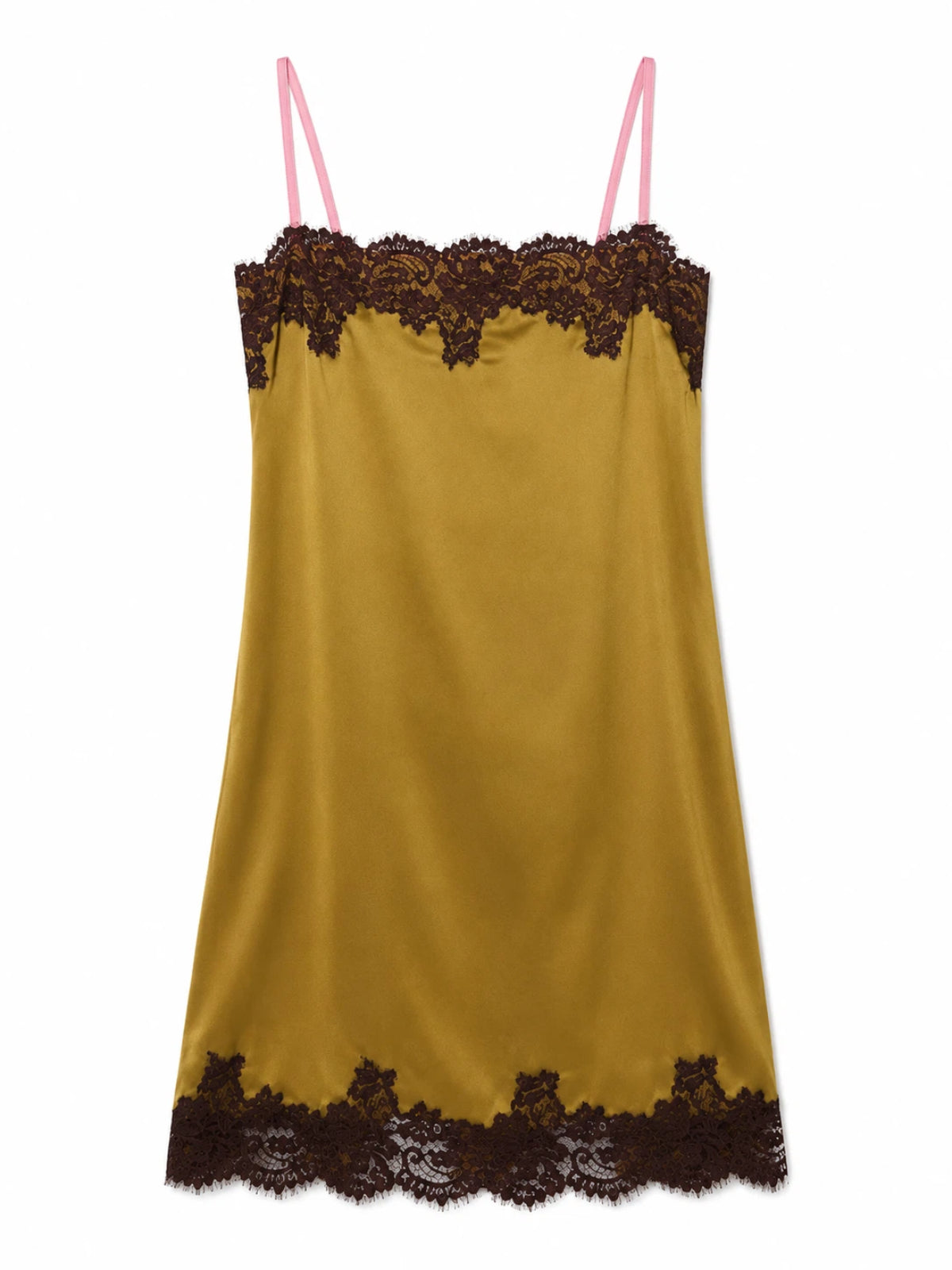 Vestido mini satinado con ribete de encaje y tirantes