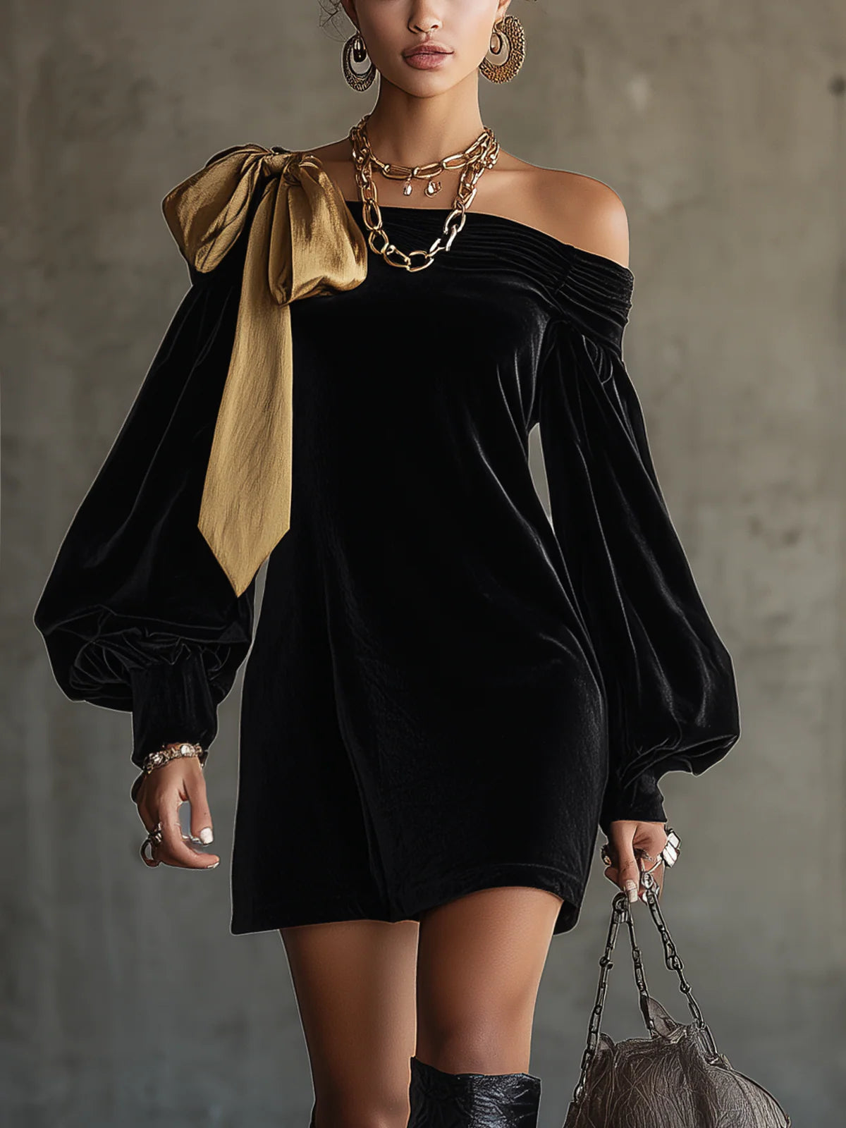 Mini vestido negro de terciopelo con lazo de satén dorado