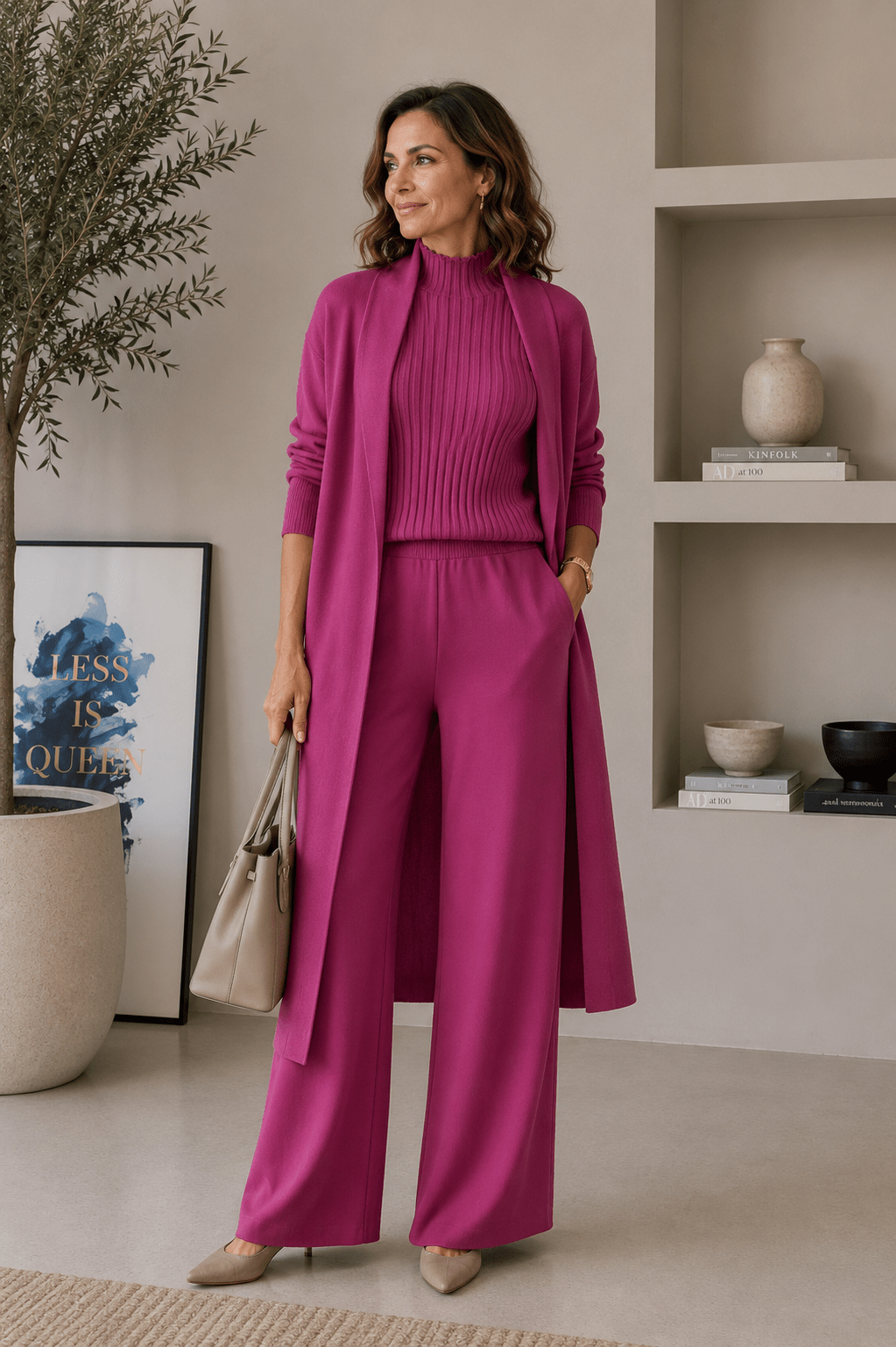 Conjunto de 3 piezas de viscosa con top de canalé y cárdigan