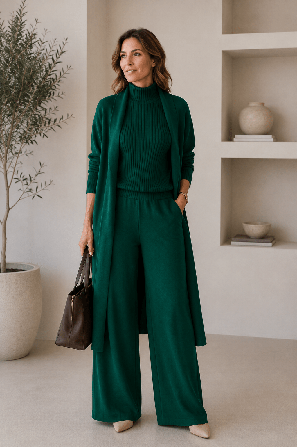 Conjunto de 3 piezas de viscosa con top de canalé y cárdigan