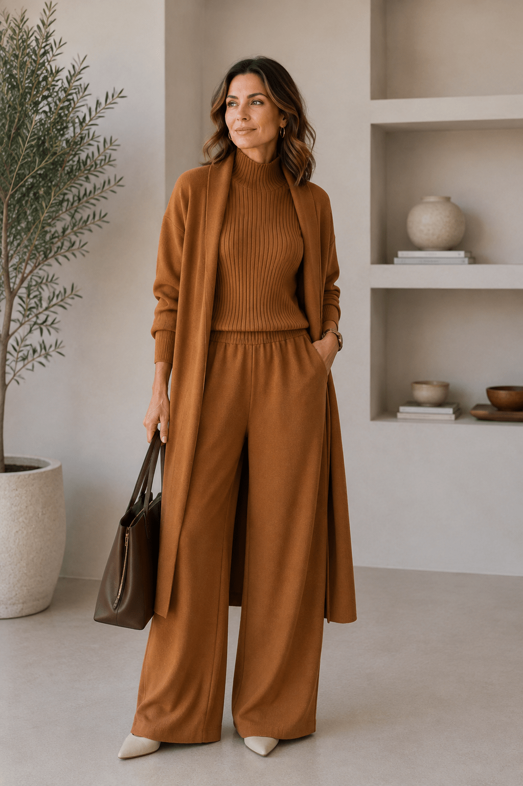 Conjunto de 3 piezas de viscosa con top de canalé y cárdigan