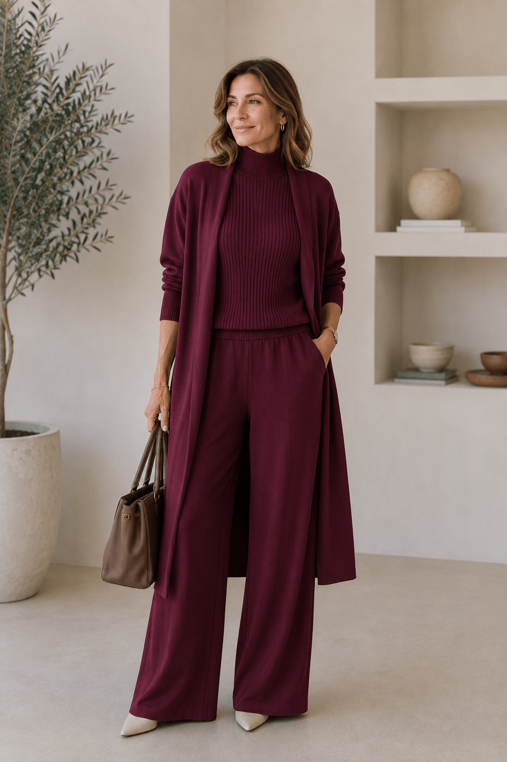 Conjunto de 3 piezas de viscosa con top de canalé y cárdigan