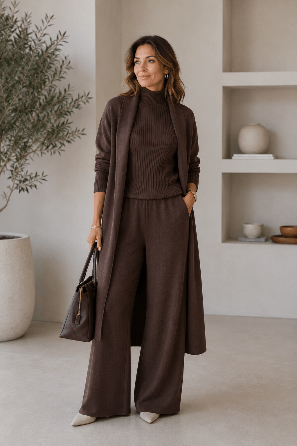 Conjunto de 3 piezas de viscosa con top de canalé y cárdigan