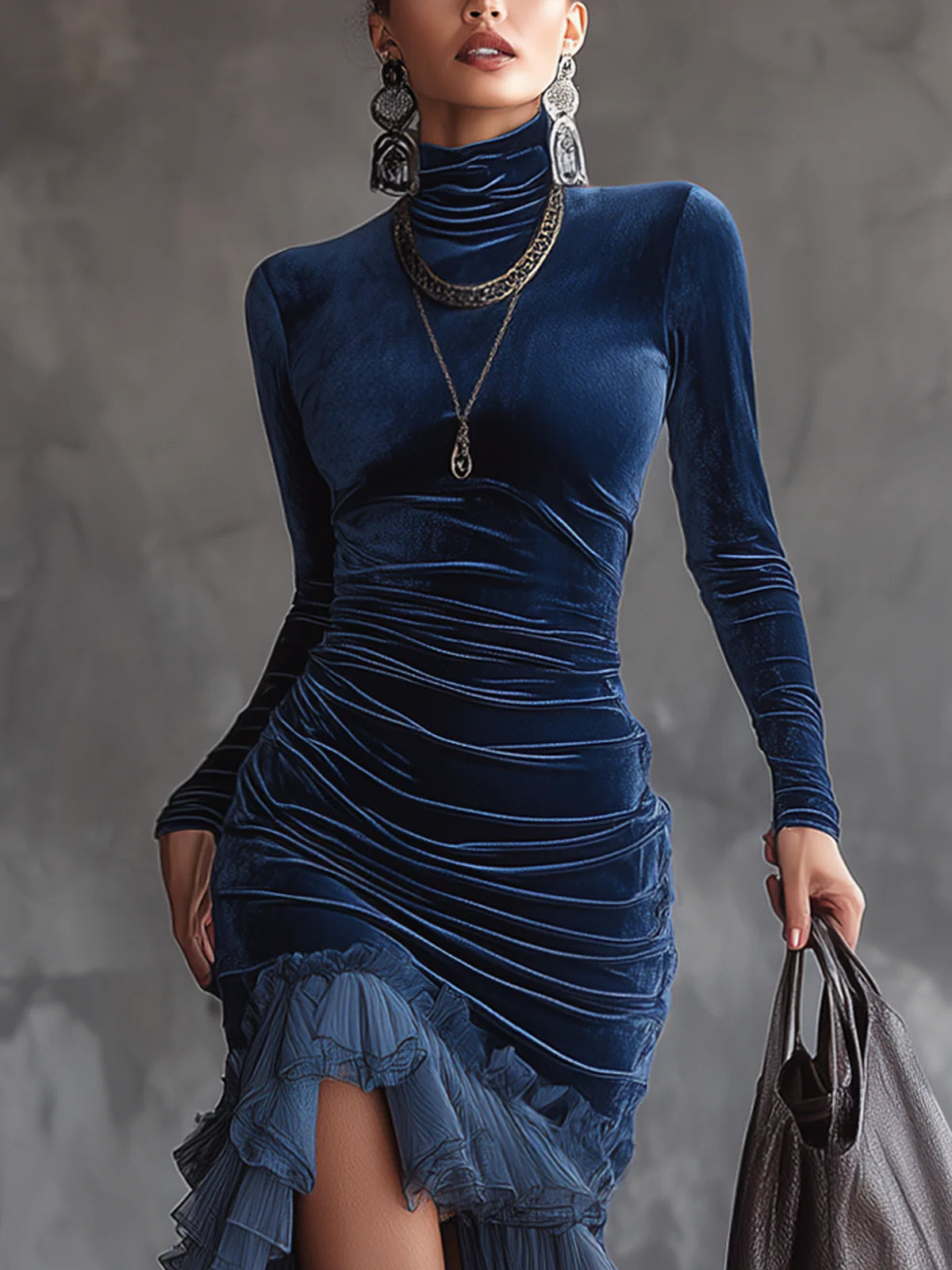 Vestido largo de terciopelo azul marino con volantes plisados