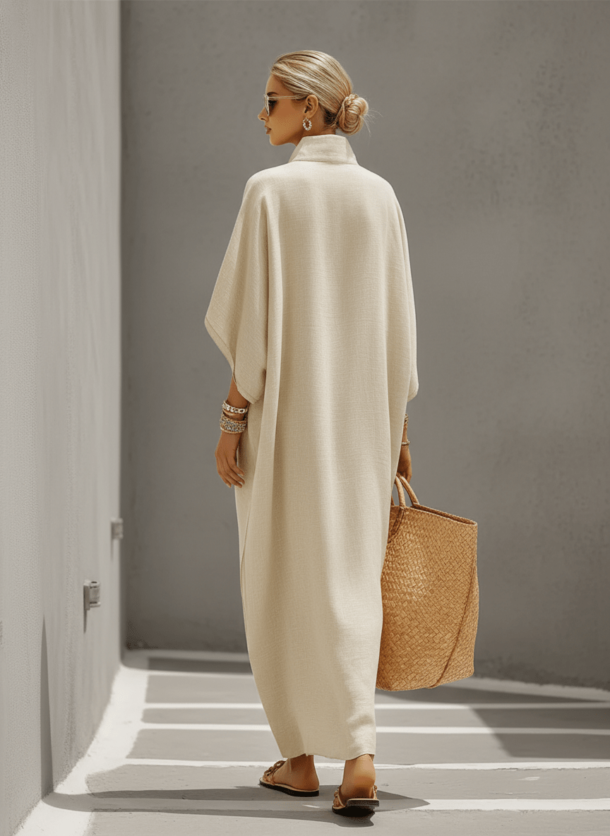 Vestido Maxi de Lino con Cuello Mao