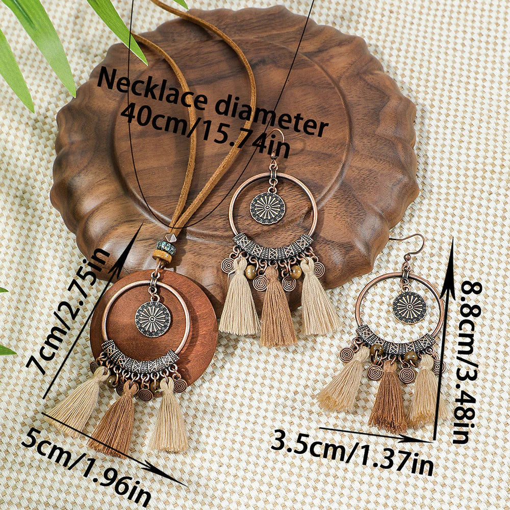 Conjunto de collar y pendientes con borlas, estilo bohemio vintage