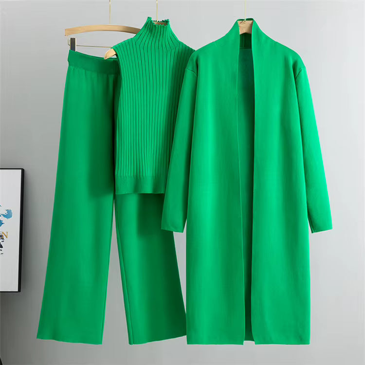 Conjunto de 3 piezas de viscosa con top de canalé y cárdigan