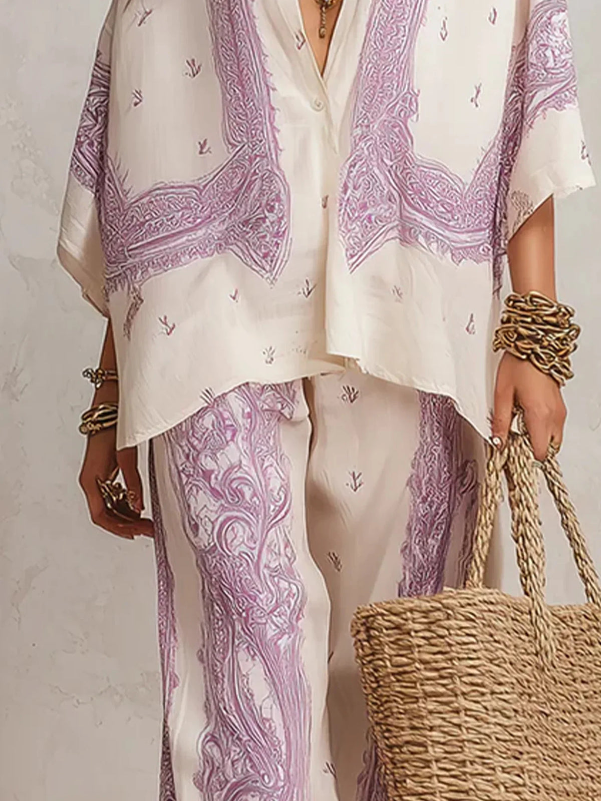 Elise™ Elegante conjunto de dos piezas con estampado paisley, blusa y pantalón de pierna ancha