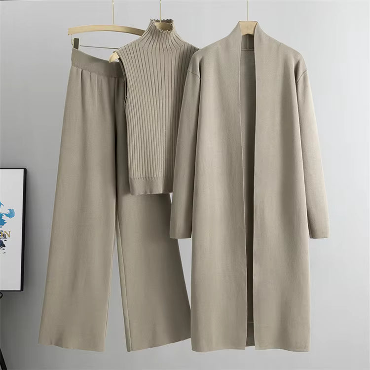 Conjunto de 3 piezas de viscosa con top de canalé y cárdigan