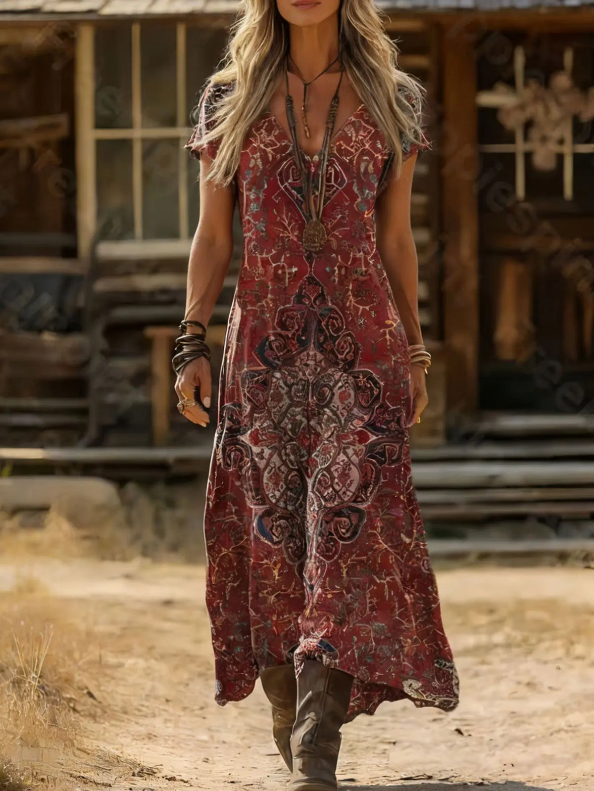 Vestido maxi bohemio Elara con escote en V