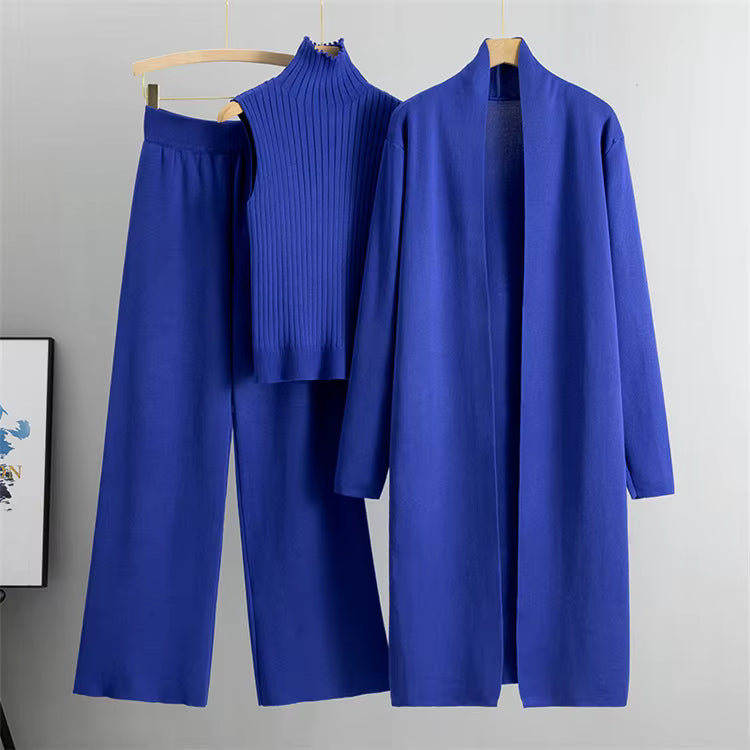 Conjunto de 3 piezas de viscosa con top de canalé y cárdigan