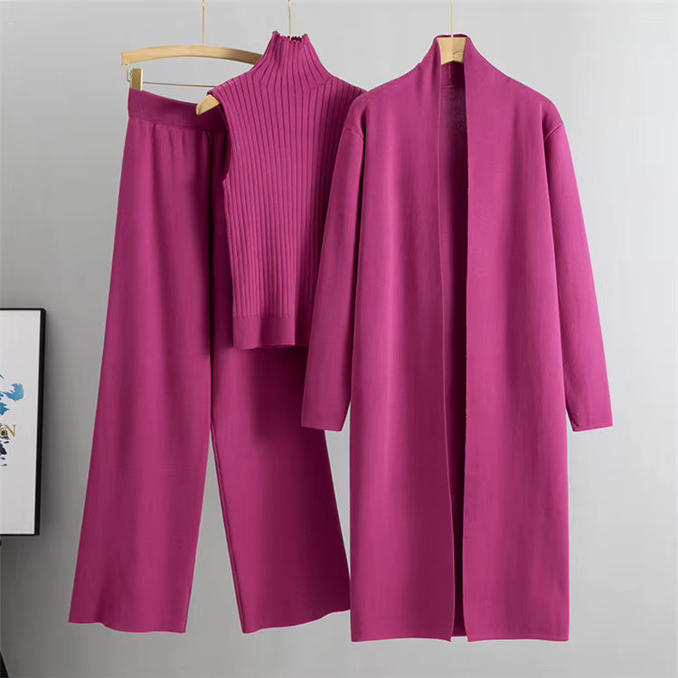 Conjunto de 3 piezas de viscosa con top de canalé y cárdigan