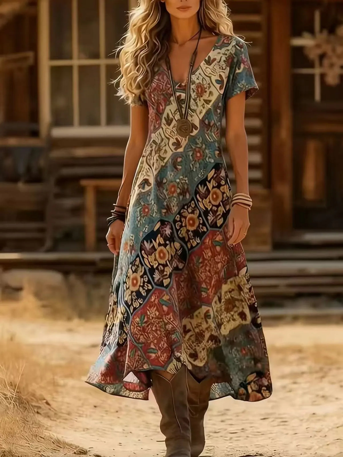 Vestido maxi bohemio Elara con escote en V