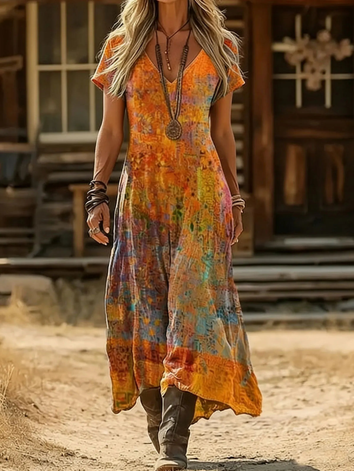 Vestido maxi bohemio Elara con escote en V
