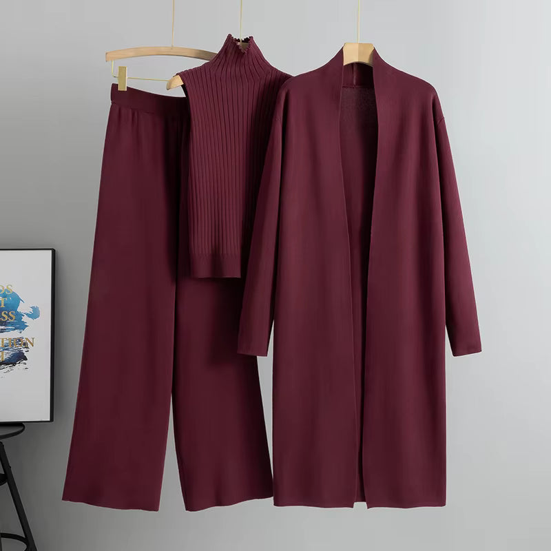 Conjunto de 3 piezas de viscosa con top de canalé y cárdigan