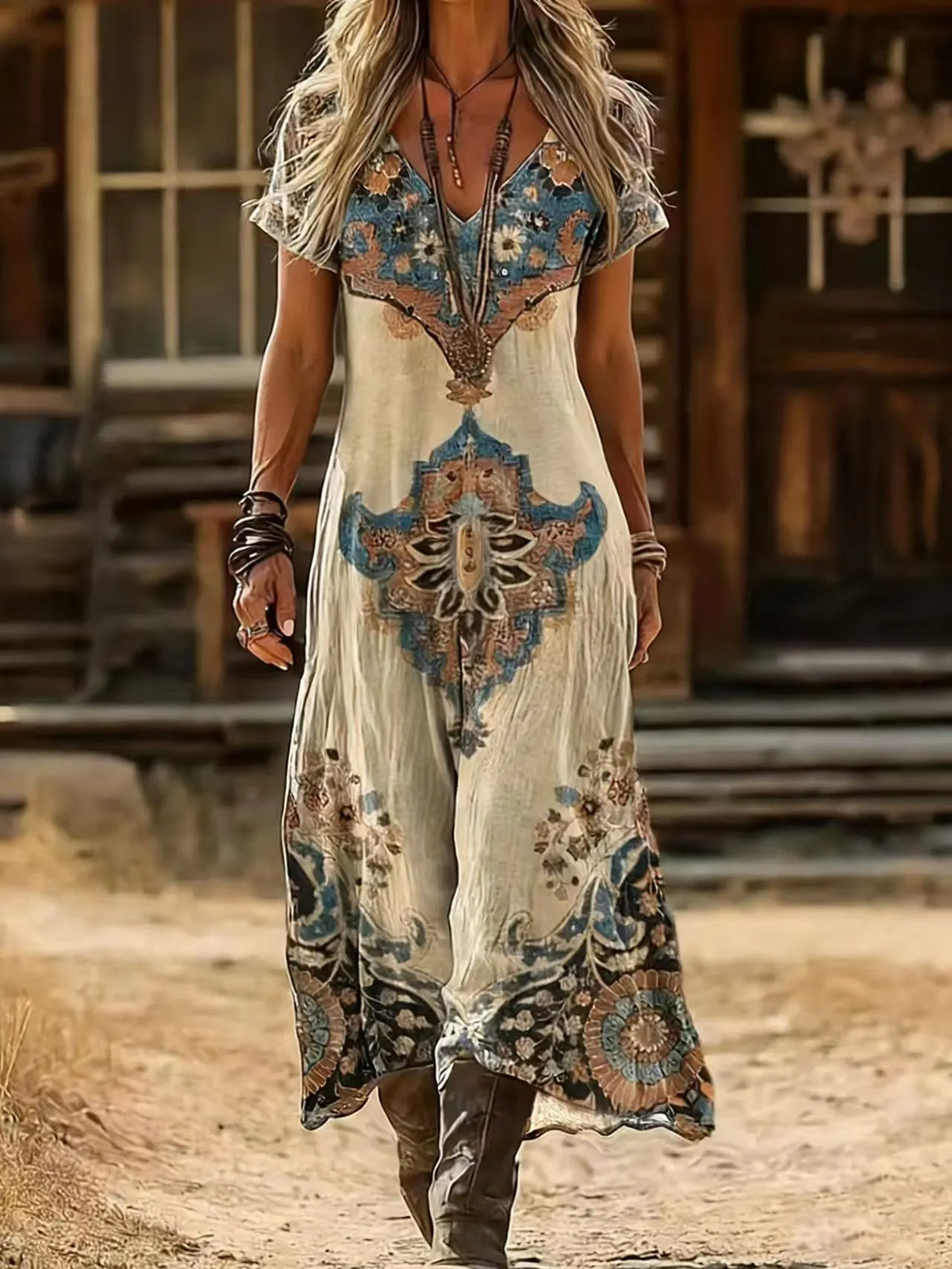 Vestido maxi bohemio Elara con escote en V