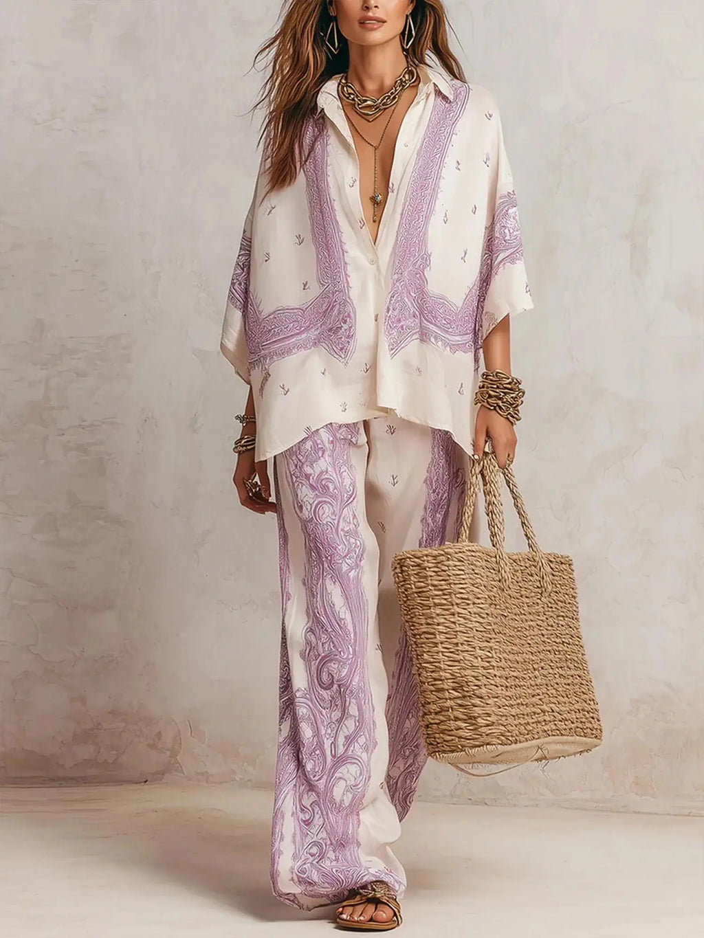 Elise™ Elegante conjunto de dos piezas con estampado paisley, blusa y pantalón de pierna ancha