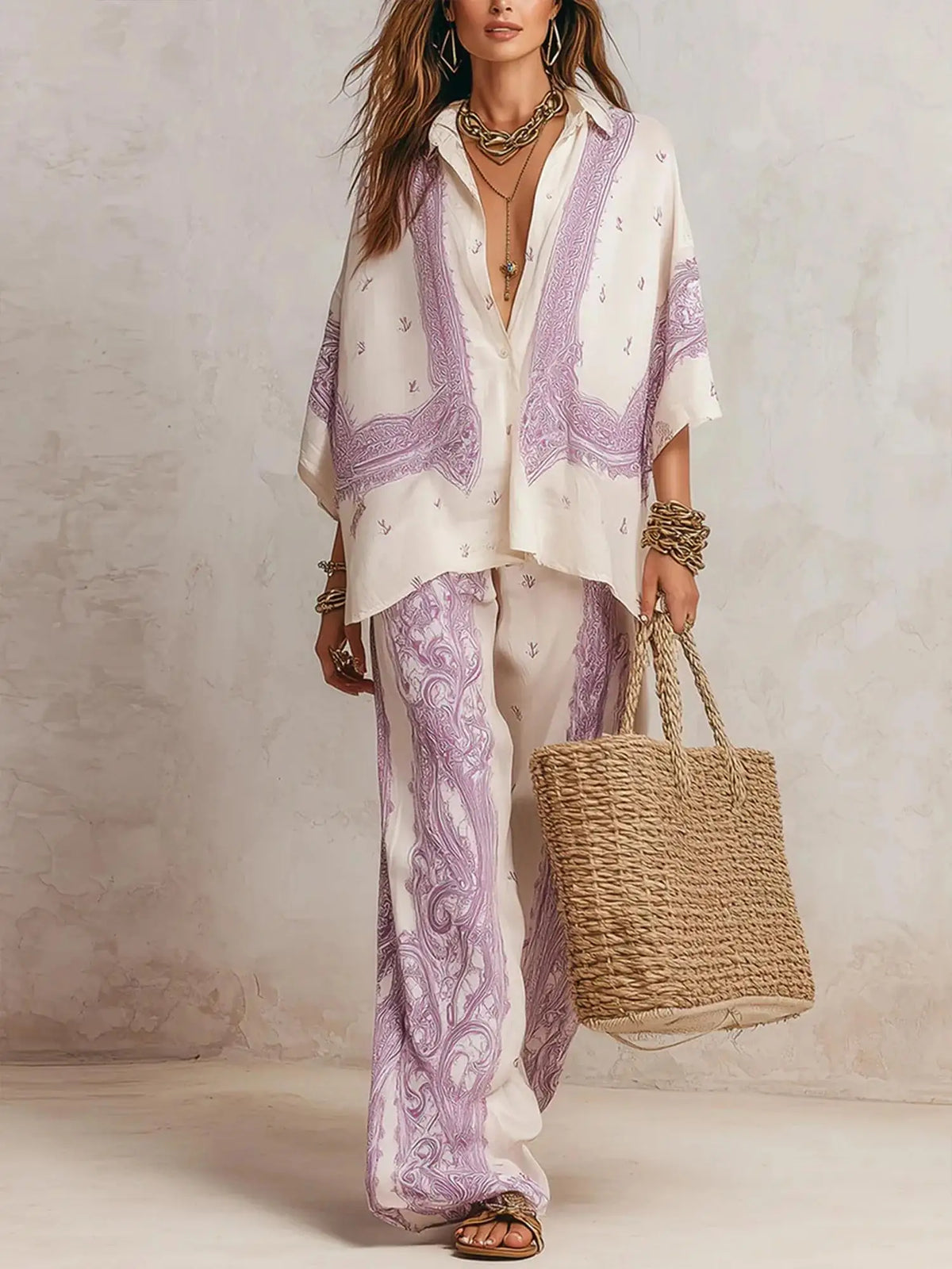 Elise™ Elegante conjunto de dos piezas con estampado paisley, blusa y pantalón de pierna ancha
