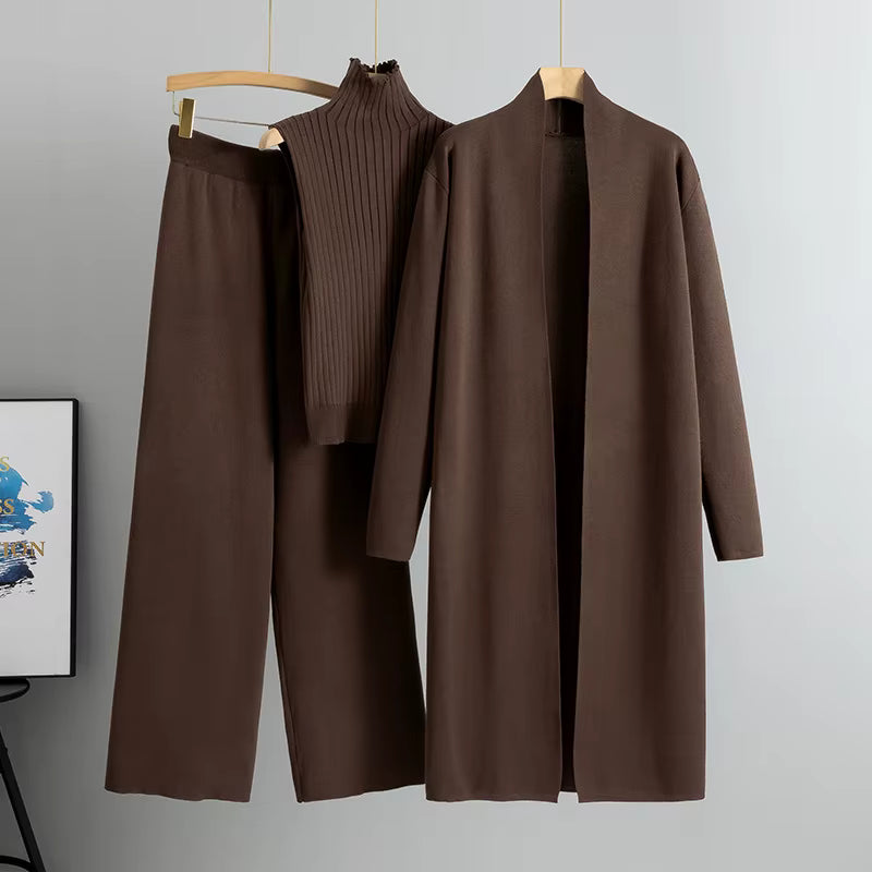 Conjunto de 3 piezas de viscosa con top de canalé y cárdigan
