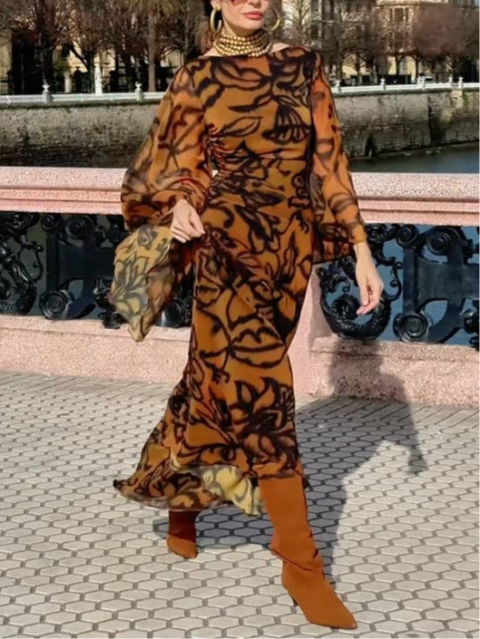 Vestido Largo Marrón Estampado de Mangas Anchas
