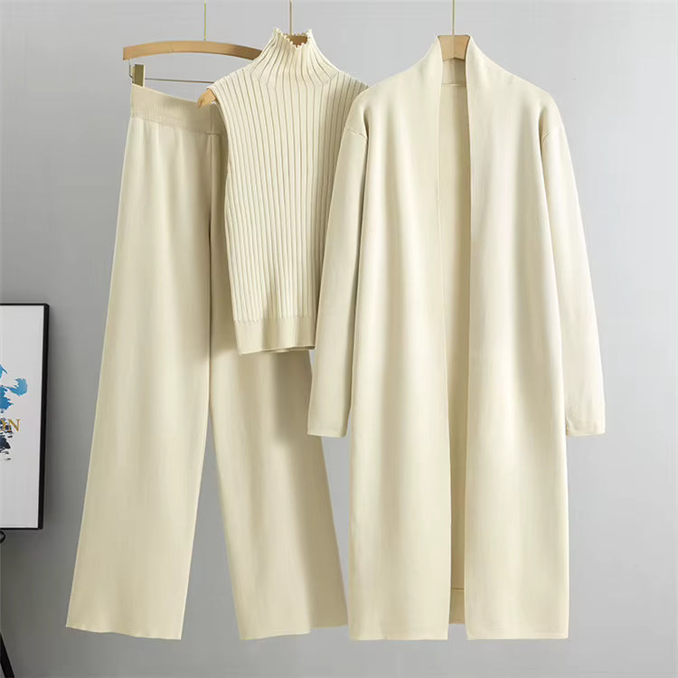 Conjunto de 3 piezas de viscosa con top de canalé y cárdigan