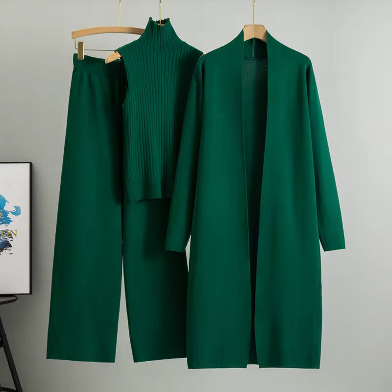 Conjunto de 3 piezas de viscosa con top de canalé y cárdigan