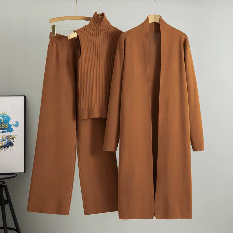Conjunto de 3 piezas de viscosa con top de canalé y cárdigan