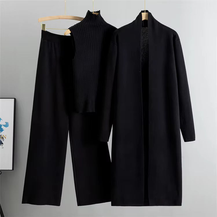 Conjunto de 3 piezas de viscosa con top de canalé y cárdigan